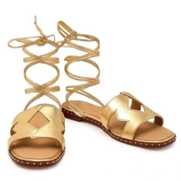 NWT Maje Fio Leather Metallic Ankle Tie Sandals 36 Gold 5.5 Cutout Lace Up Studs - Picture 1 of 13